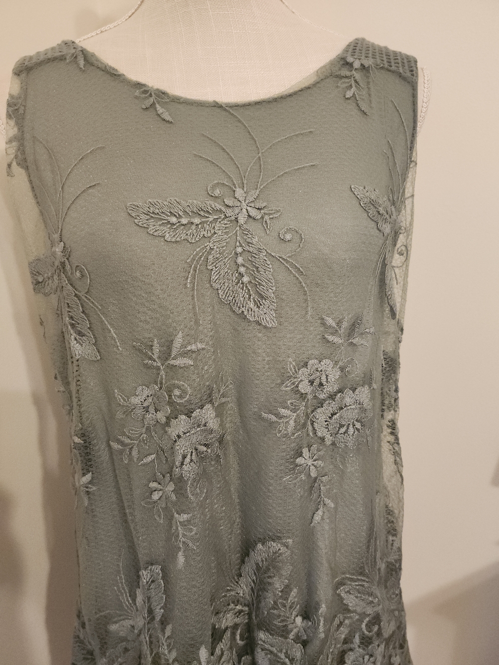 Embroidered Sleeveless Sheer Drese in Sage Green - Picture 3 of 8